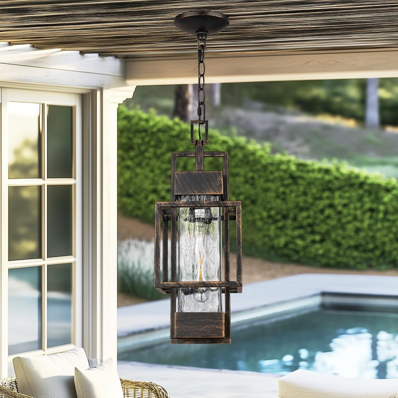 PARTPHONER 15" Outdoor Indoor Pendant Light Exterior Hanging Lantern, Modern Black Metal Outside Chandelier Light Fixture Ceiling Mount with Water Glass for Front Porch Entrance Foyer Entryway, Black Brush Gold - Image 4